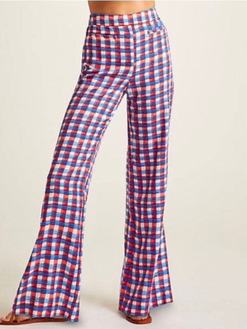 NWT Anthropologie Red, Blue & White Plaid Flare Pants Size 12